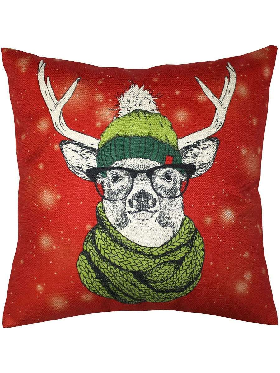 Подушка декоративная HAPPY NEW YEAR. CHRISTMAS. ОЛЕНЬ В ЗЕЛЕНОЙ ШАПКЕ. 38x38. Каталог Матекс