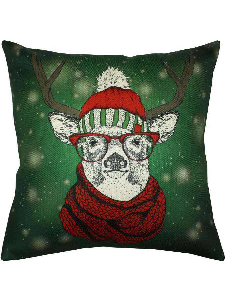 Подушка декоративная HAPPY NEW YEAR. CHRISTMAS. ОЛЕНЬ В КРАСНОЙ ШАПКЕ. 38x38. Каталог Матекс