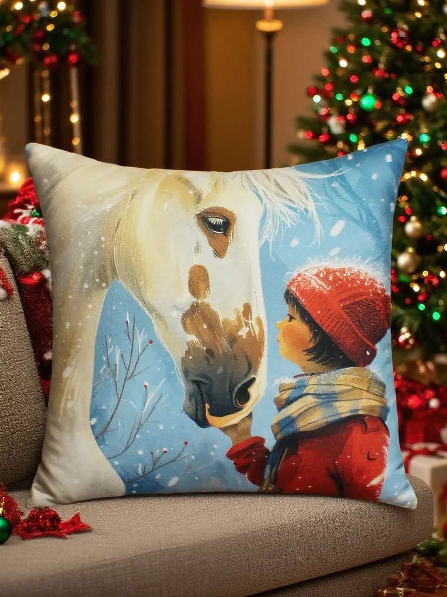 Подушка декоративная HAPPY NEW YEAR. ДЕВОЧКА И ЛОШАДЬ 33x33. Каталог Матекс