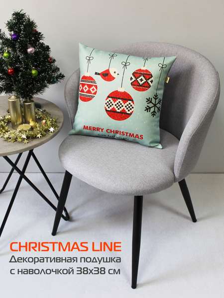 Подушка декоративная HAPPY NEW YEAR 38x38 CHRISTMAS. СНЕГИРИ И ШАРЫ. Артикул 37-743 Цвет: Голубой, красный Палитра: Голубой, Красный