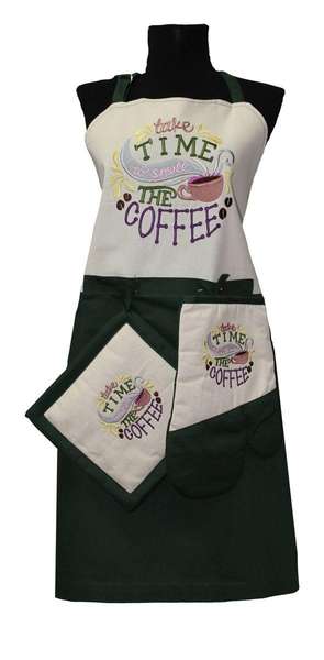 Кухонный текстиль CULINAR  75x60;30x20;22,5x22,5  ИЗДЕЛИЕ КУXОННОЕ, КОМПЛЕКТ LINE. THE COFFEE  Артикул 43-379  Цвет: Изумрудный 